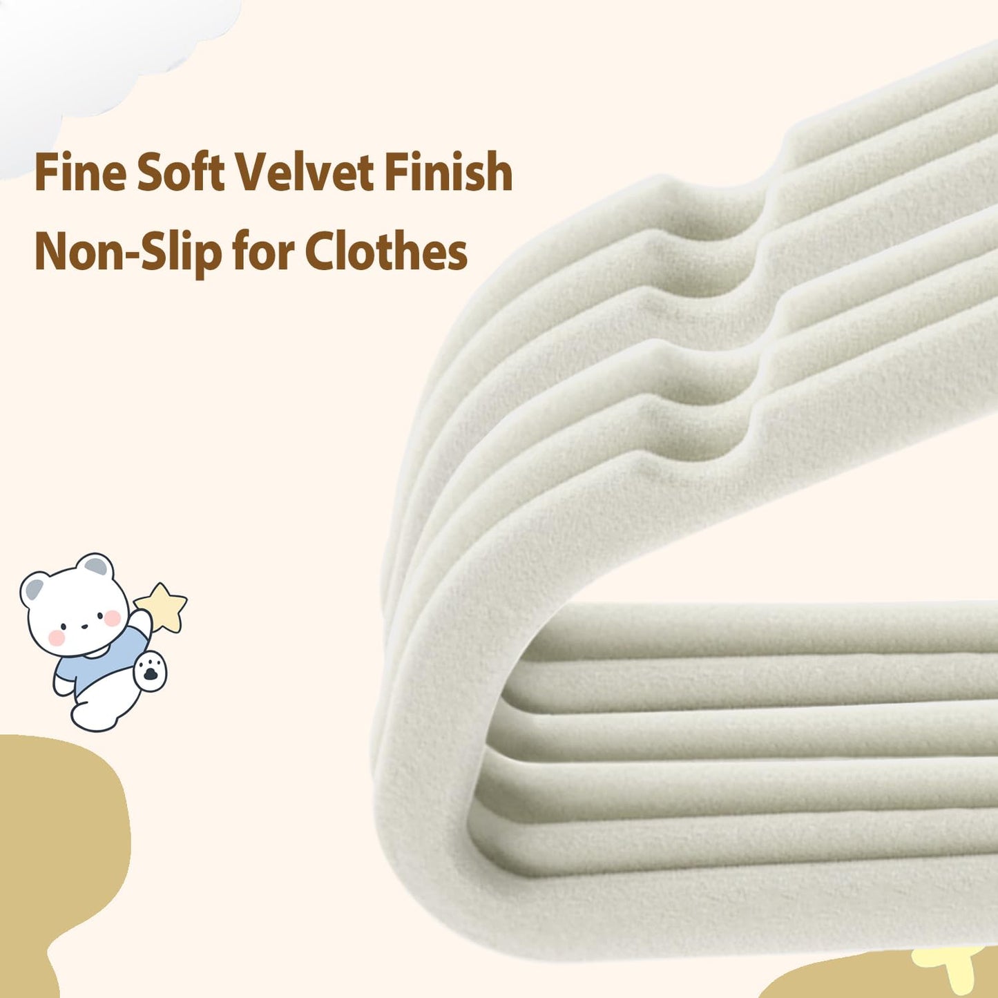 Wellong Baby Velvet Hangers, 28cm Kids Clothes, Non-Slip for Infant and Toddler, 32 Pack Cream