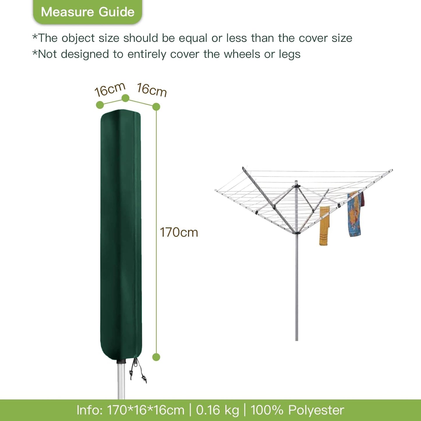 AWNIC Rotary Airer Cover Washing Lines Cover for Rotary Clothes Dryer Cover Tear Resistant 420D Oxford Green 16X16X170cm