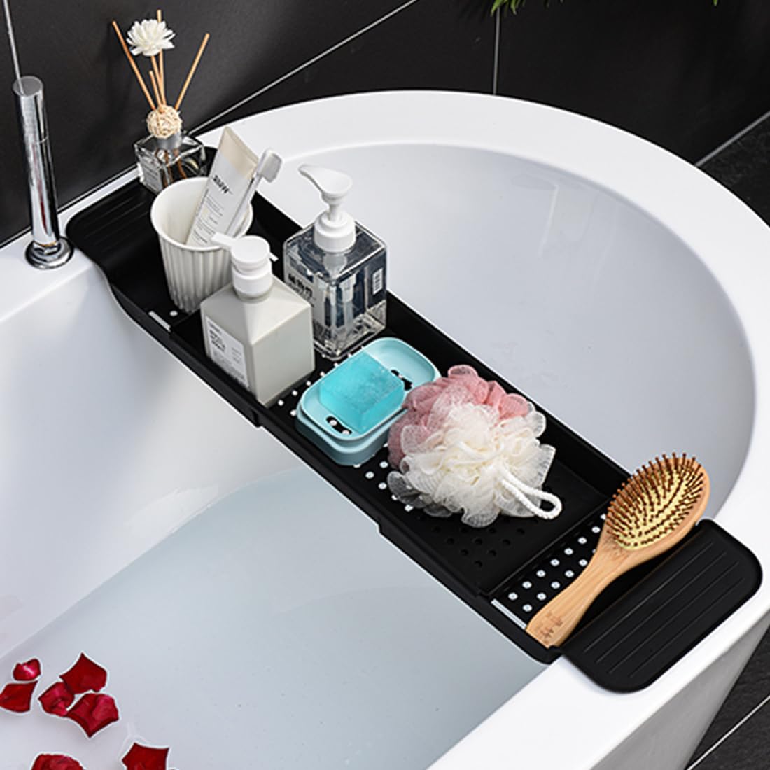 SHZMJL Bathtub Tray, Expandable Bath Tray, Adjustable Bathroom Organizers and Storage, Bathtub Caddy Tray for tub for Candle Towel, Book, Wine