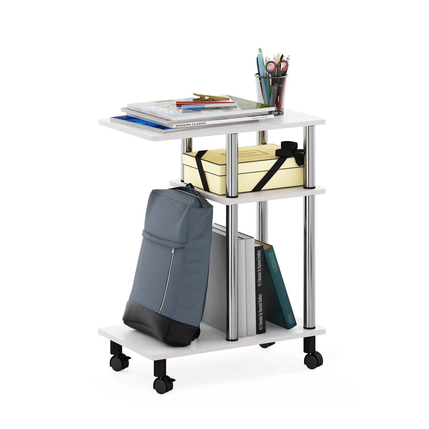 Furinno TURN-N-TUBE Side Table, 3-Tier C-Shape End Table with Wheels, Toolless Assembly Night Stand, Bedside Table with Open Shelf, for Living Room