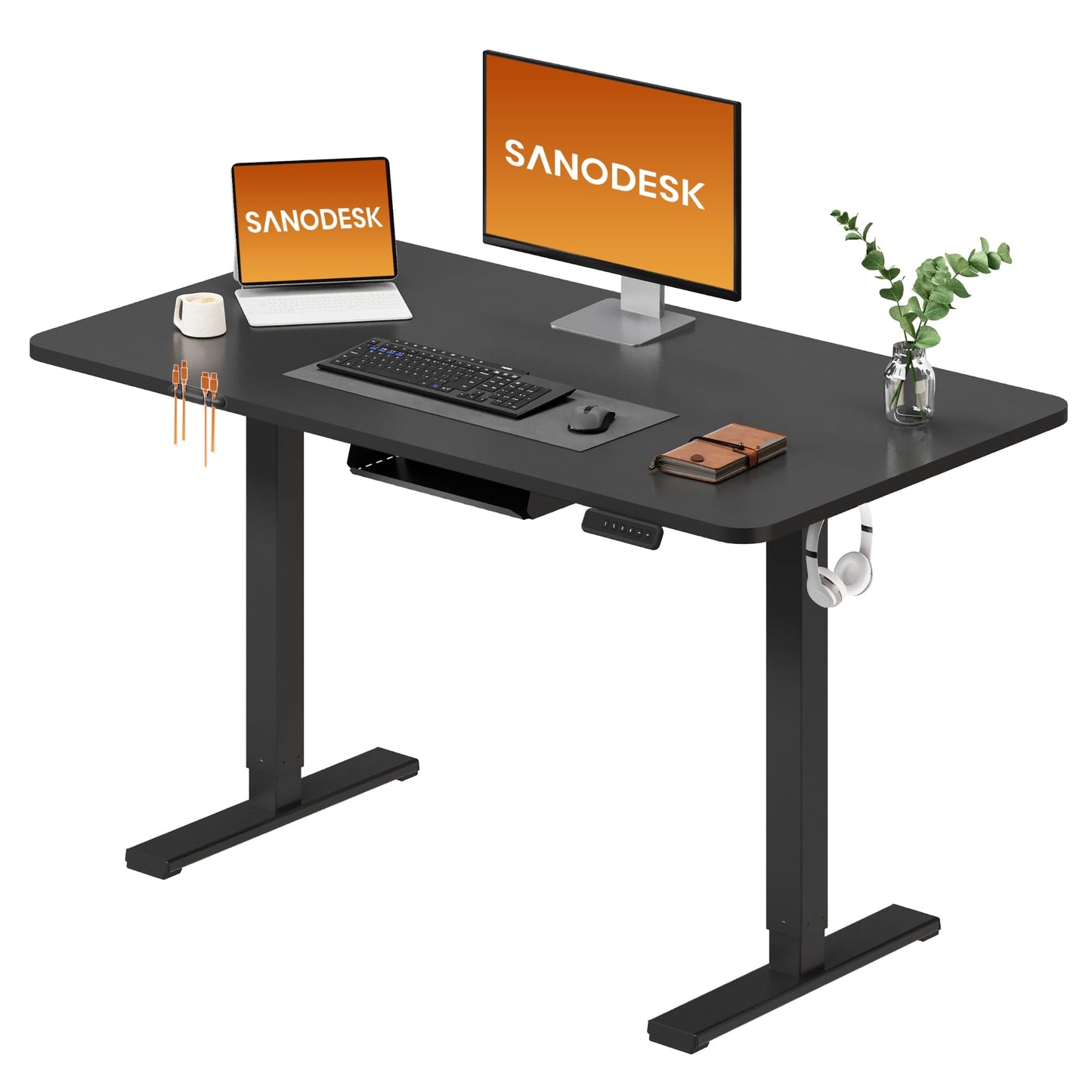 SANODESK Electric Standing Desk 110 * 54 One Piece Height Adjustable Desk With Memory Smart Panel Sit Stand Table With Hooks for Home Office