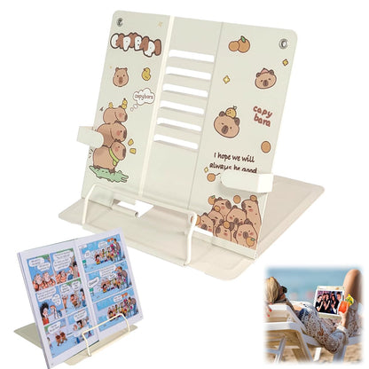 Garegce Book Stand Folding with Page Paper Clips, Cute Animal Capybara Book Holder, Cookbook Stands 6-Position Adjustable Height for Reading