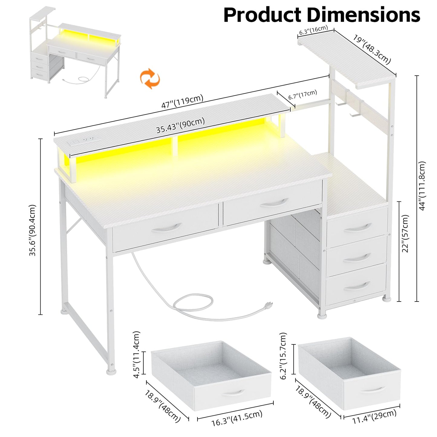 WEMANER 120cm Computer Desk with 5 Fabric Drawers, Reversible Home Office Desk with Printer Cabinet, Writing Desk with Monitor Stand & Power Outlets