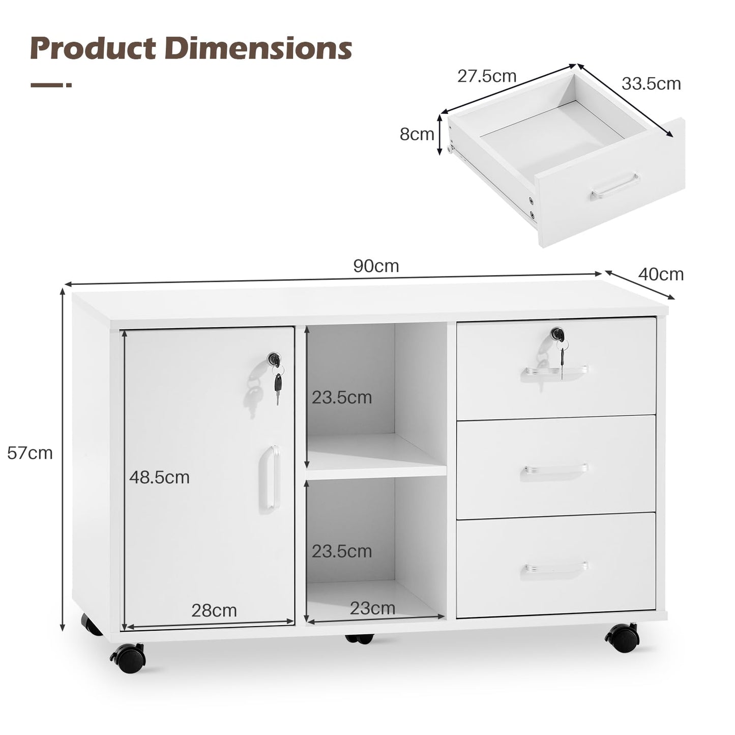 TUKAILAi Mobile File Cabinet with 3 Drawers and Lockable Cupboard, White