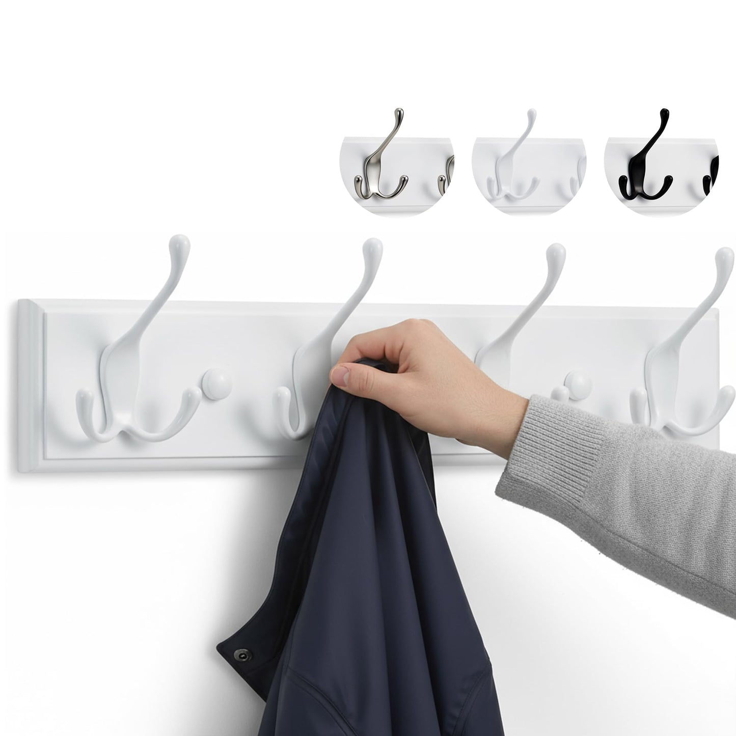 LARHN White Wall-Mounted Coat Rack - 4 White Coat Hooks, 42cm