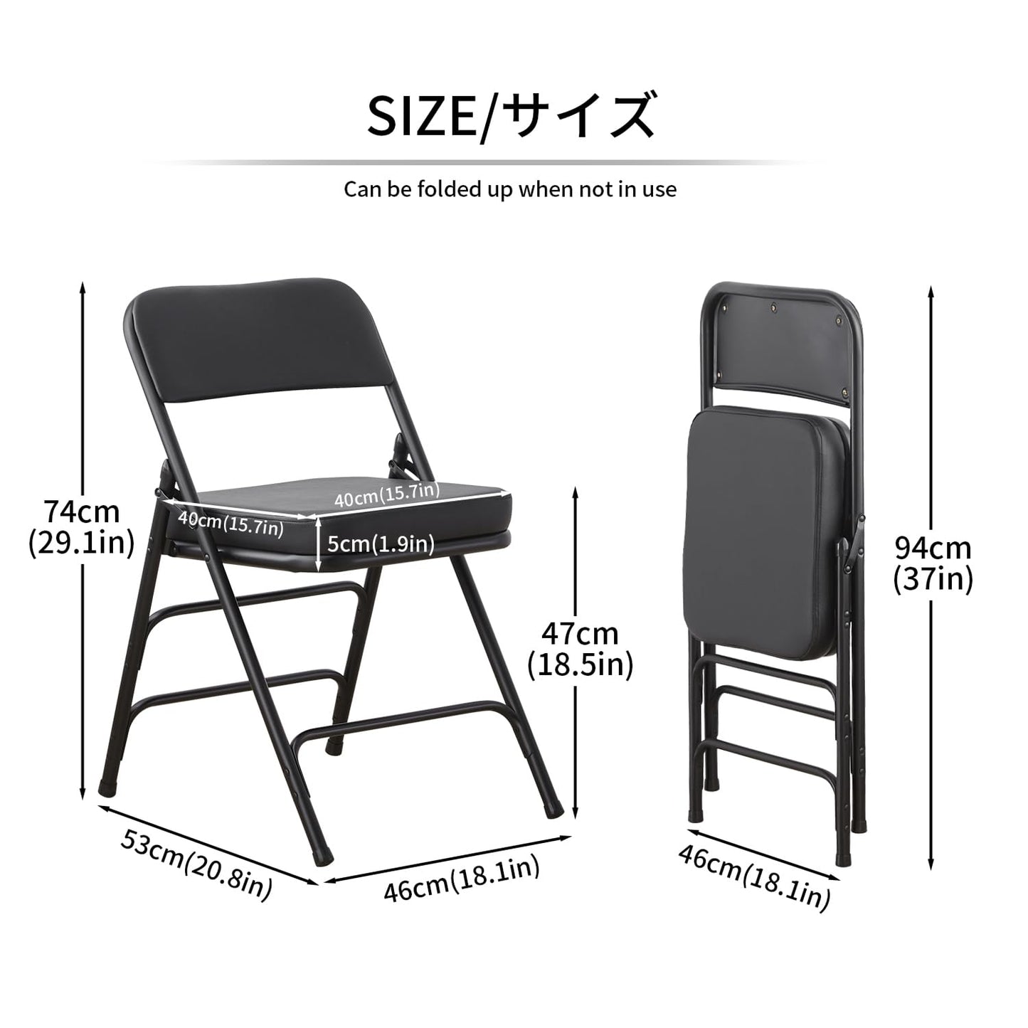 KAIHAOWIN Folding Chairs with Ultra Thick Padded Seat Foldable Chair Indoor Comfortable Metal Chairs with Soft Cushion Black-2 Pack