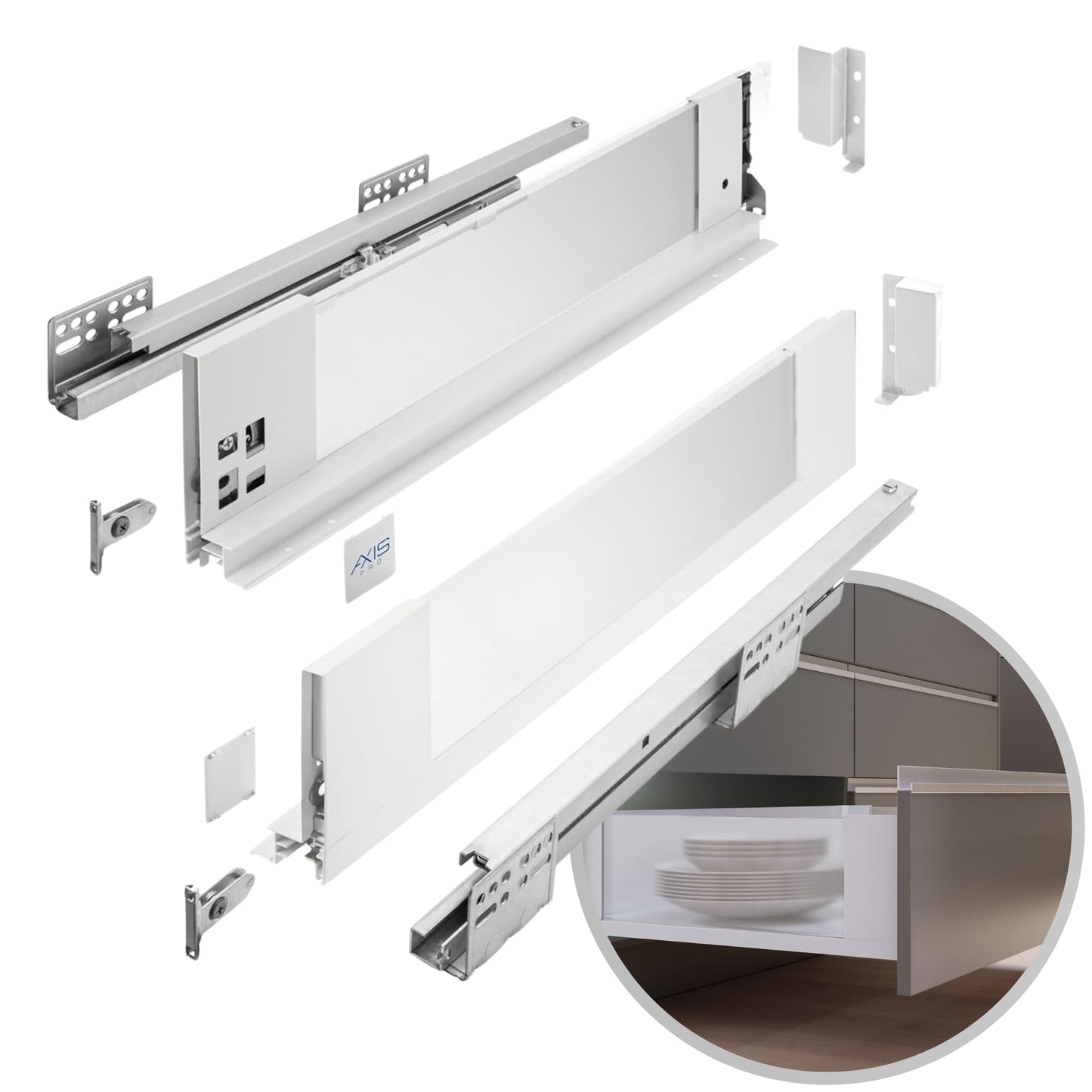 GTV - AXIS PRO Drawer System | Drawer with Glass Sides | Drawer System | Height 116 mm Length 550 mm | White with Milky Glass