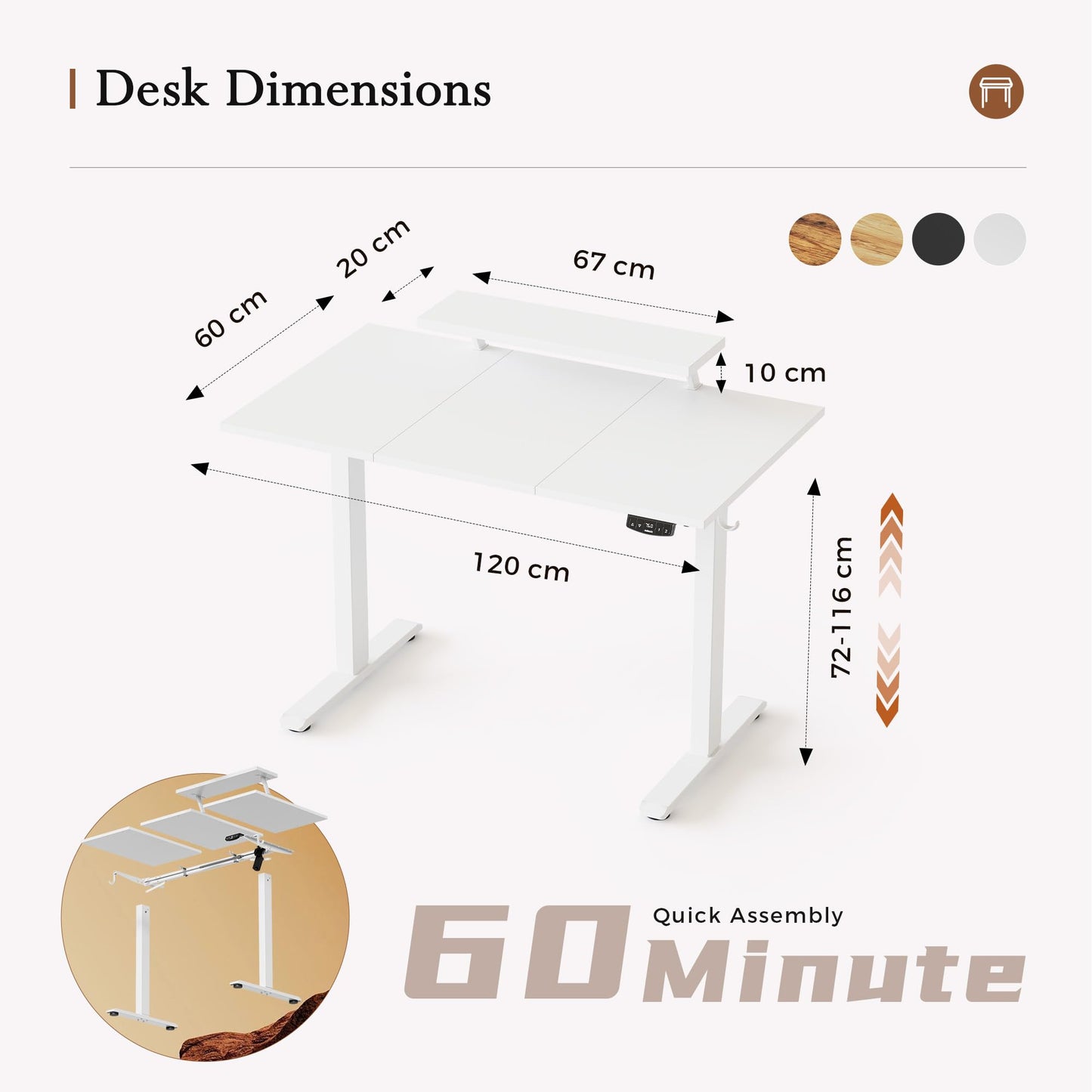 Klicelor Eletric Height Adjustable Desk, Movable Monitorstand, 120x60cm