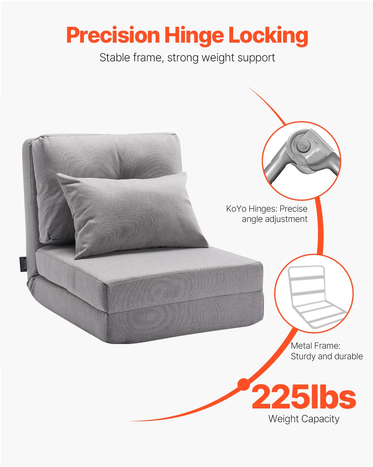 VEVOR Convertible Flip Chair, 5-Position Adjustable Floor Lazy Sofa, Folding Upholstered Couch Bed with Adjustable Backrest Metal Frame and Pillow