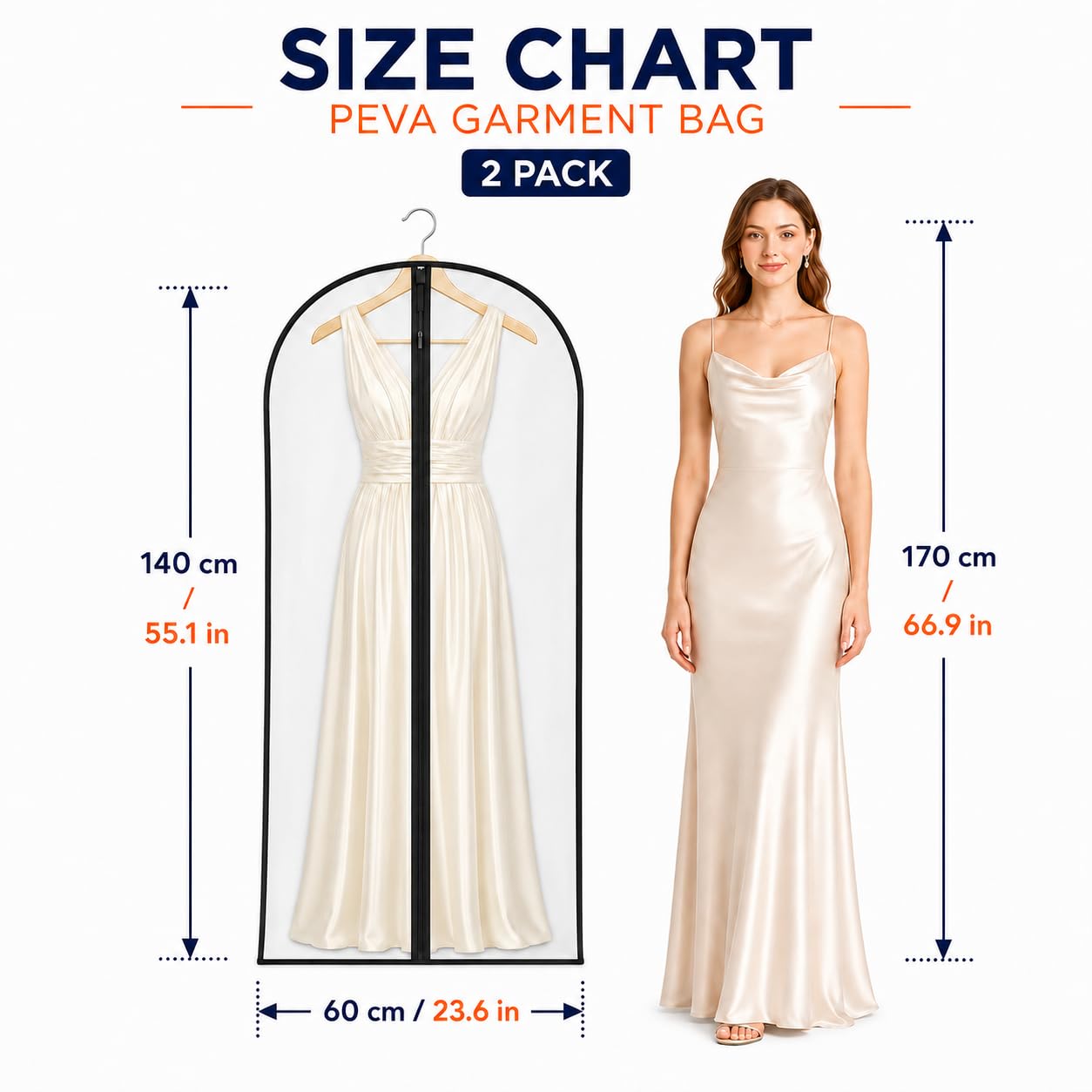 Sytinnice 2 Pack Dress Bags Covers Long 60 x 140 cm / 24 x 55 in, PEVA Transparent Hanging Garment Bags with Zipper