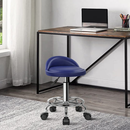 KKTONER PU Leather Round Rolling Stool with Foot Rest Height Adjustable Swivel Drafting Work SPA Task Chair with Wheels (Blue)