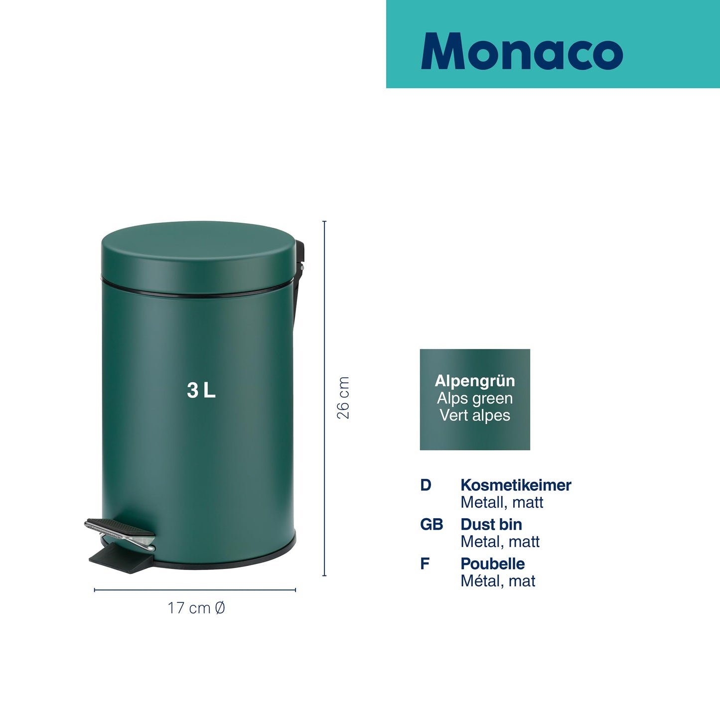 Kela cosmetic bin green 3l, metal pedal bin bathroom, bathroom waste bin with inner bin and carrying handle, MONACO, alpine green matt