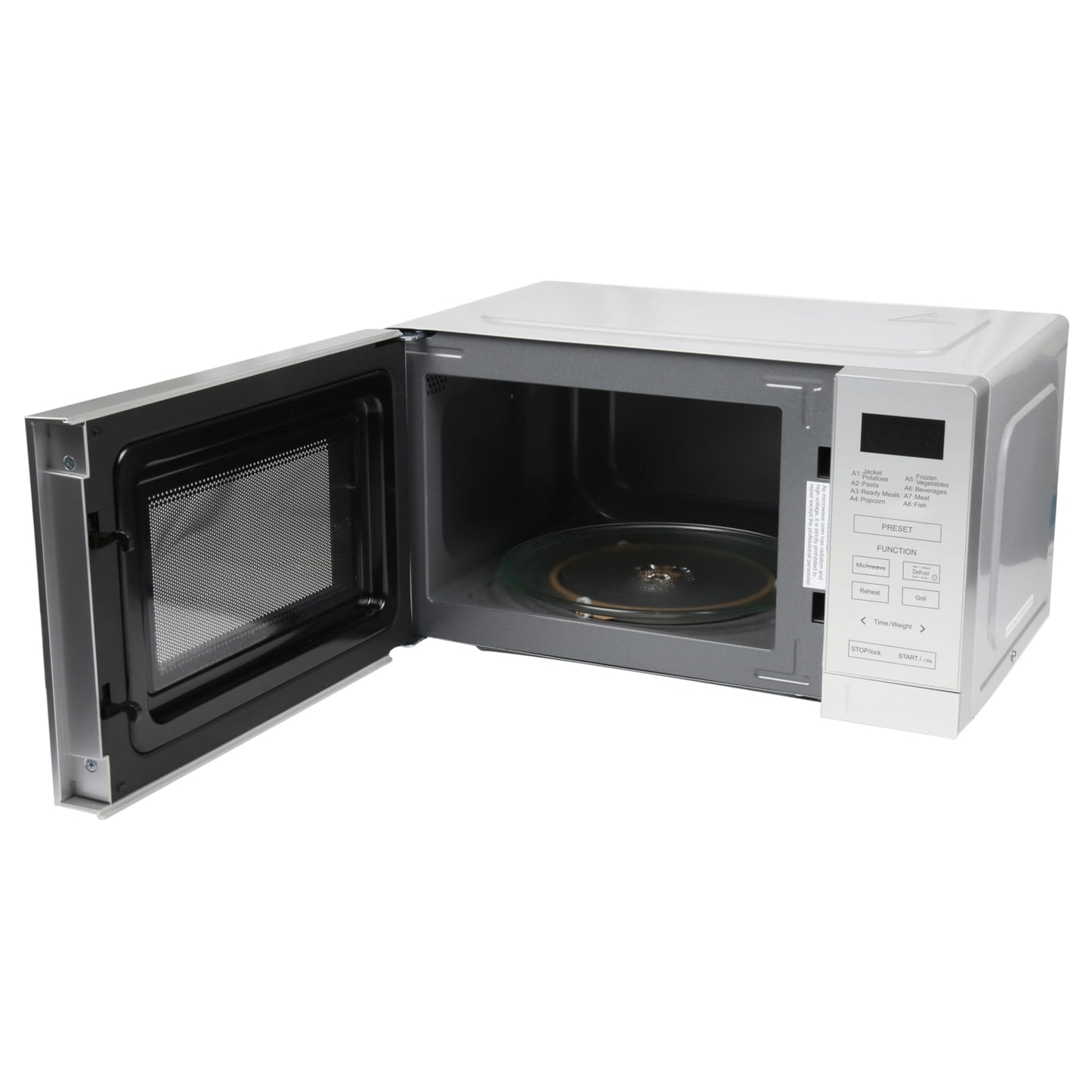 EMtronics 20 Litre 700W Digital Microwave with 800w Grill, 10 Power Levels, 8 Preset Options, Defrost Function and Cavity Light - Silver