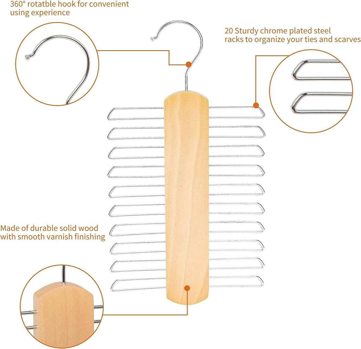 2 Pack Tie Holder Wooden Necktie And Belt Hanger 360 Degree Rotating Tie Holder Hanging Storage Rack with 20 Shelves for Belts, Scarves, Tie Storage