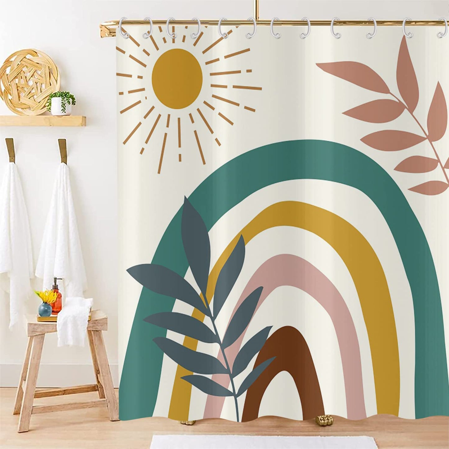 Hnmdmyi Boho Shower Curtain 180x200, Mid Century Abstract Leaf Sun Rainbow Beige Bathroom Curtains Modern Minimalist Geometric Aesthetic Art