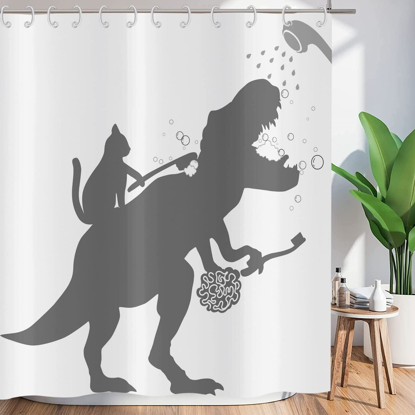 ASDCXZ Shower Curtain Funny 180x200 cm, Simplicity Funny Cat Dinosaur White Washable Textile Bathroom Curtains Polyester Fabric Waterproof Shower