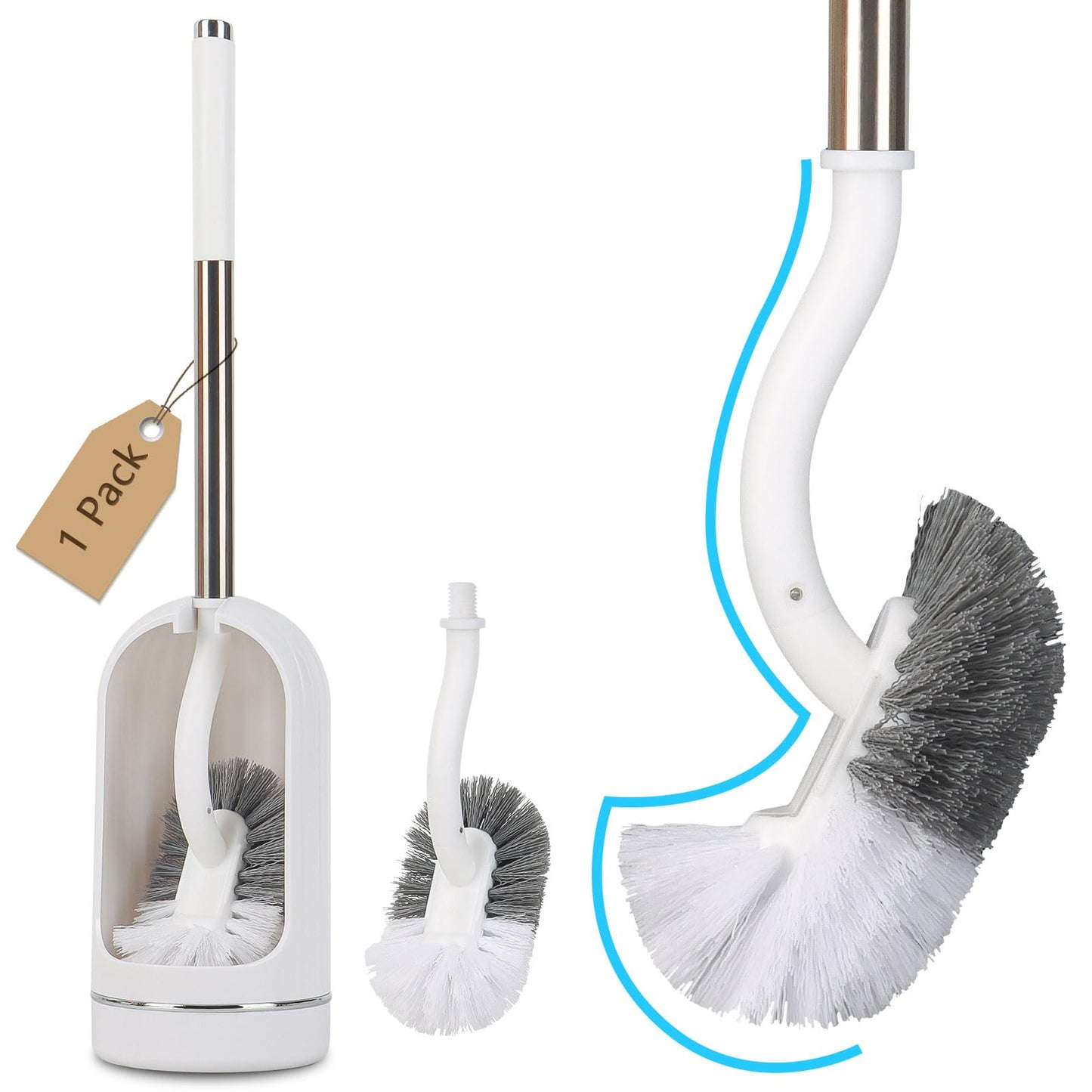Toilet Brush, Toilet Brushes with Holders, Curved Toilet Brush with Edge Cleaner, Stainless Steel & Plastic Handle, Loo Brush Replacement Heads