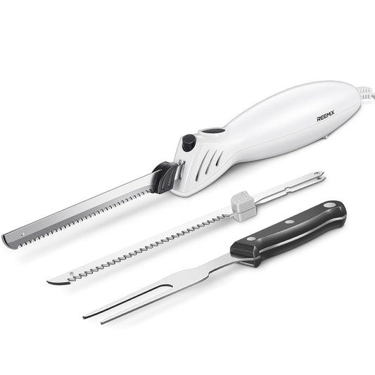 Reemix Electric Carving Knife, Electric Knife Set for Multi-Purpose Use, One Touch Operation, 2 Carving Blades Included and 1 Serving Fork (white)