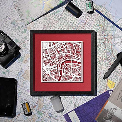 O3 DESIGN STUDIO Birmingham Paper Cut Map framed, White map, Black frame, 23x23 cm, Gift Boxed, 4 background color, self-changing, Paper Art