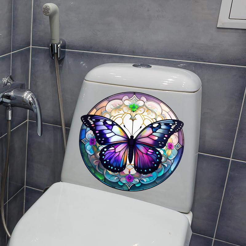 Butterfly Flowers Toilet Cover Sticker Decals,Colorful Butterfly Flowr Waterproof Toilet Lid Tank Seat Decals Cistern Self-Adhesive Bathroom Wall
