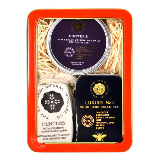 Luxury Gift Box for Men | Hunters Aftershave Balm, Charcoal Face Cleansing Soap & Luxury No.1 Solid Hand Cream Bar | Edinburgh Natural Skin Care |