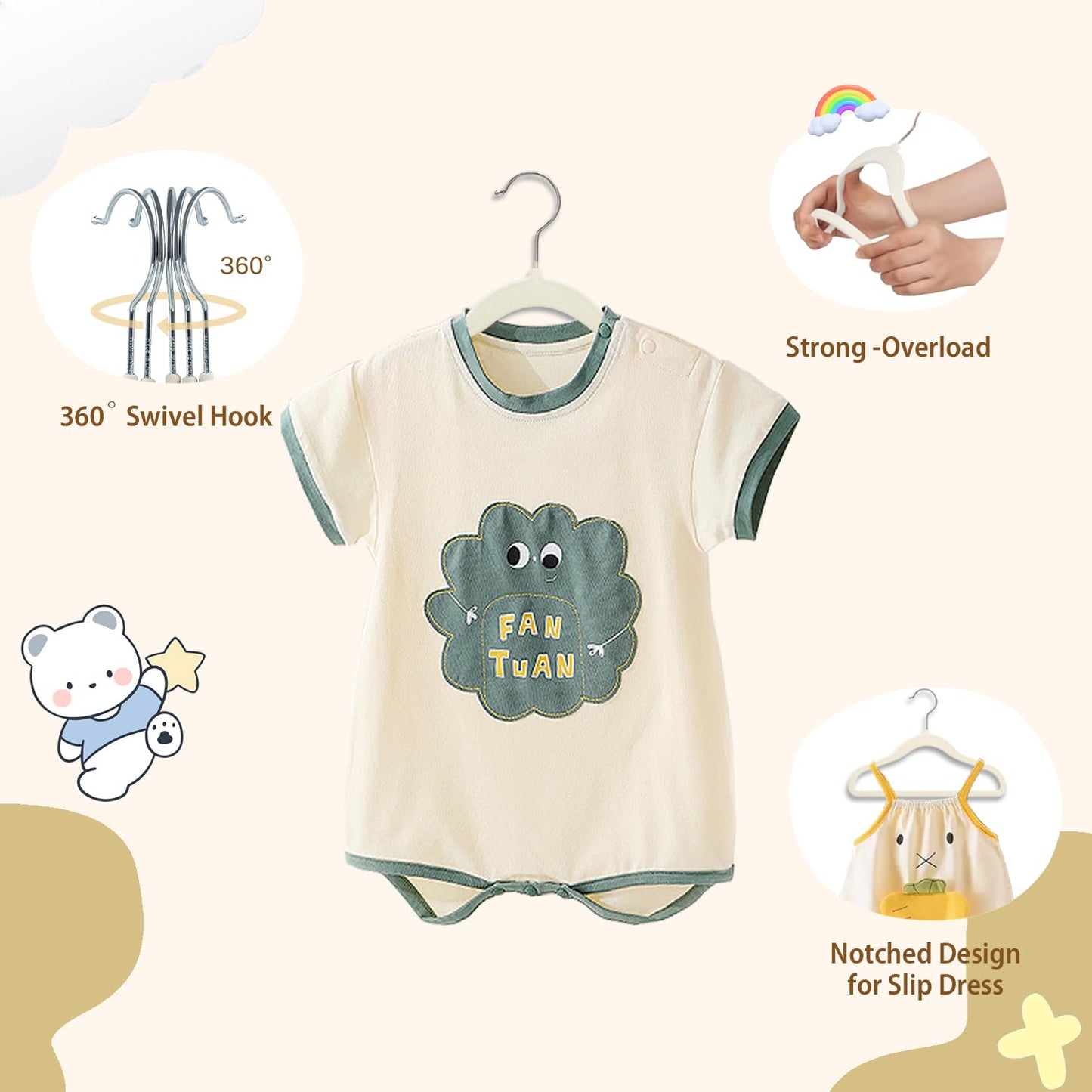 Wellong Baby Velvet Hangers, 28cm Kids Clothes, Non-Slip for Infant and Toddler, 32 Pack Cream
