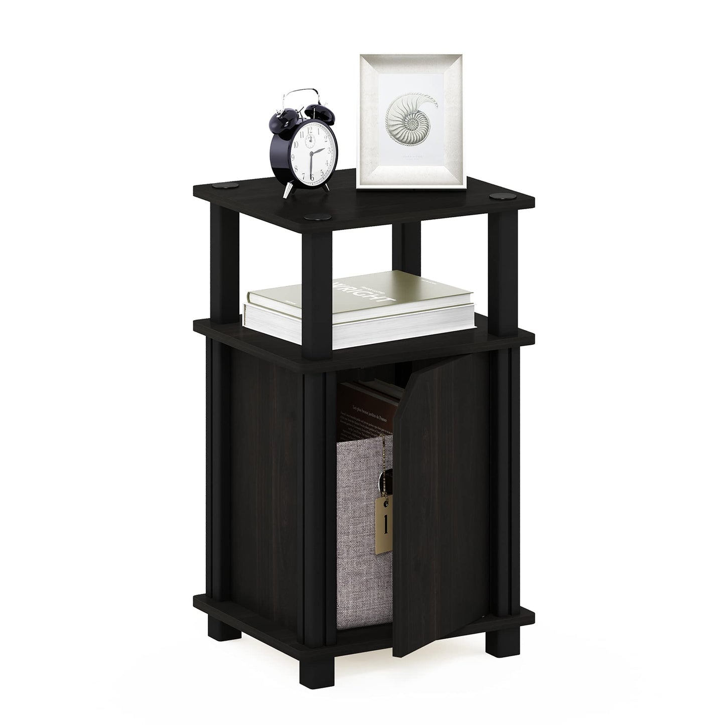 Furinno JUST Side Table, 3-Tier End Table with Door Cabinet, Night Stand, Bedside Table with Open Shelf, for Living Room, Bedroom, Espresso