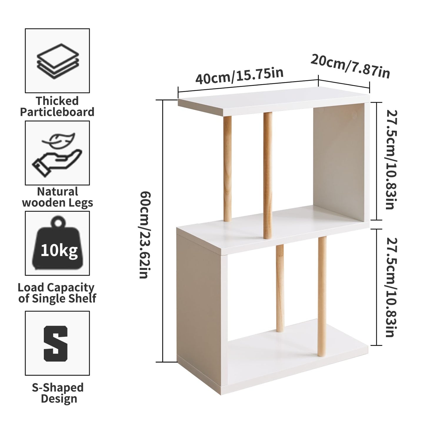 Aibiju Narrow Side Table with Open Storage Shelf, S-Shaped End Table, 3-Tier Nightstand, 23 inches High, Sofa Table for Small Spaces, White YD-ST003W