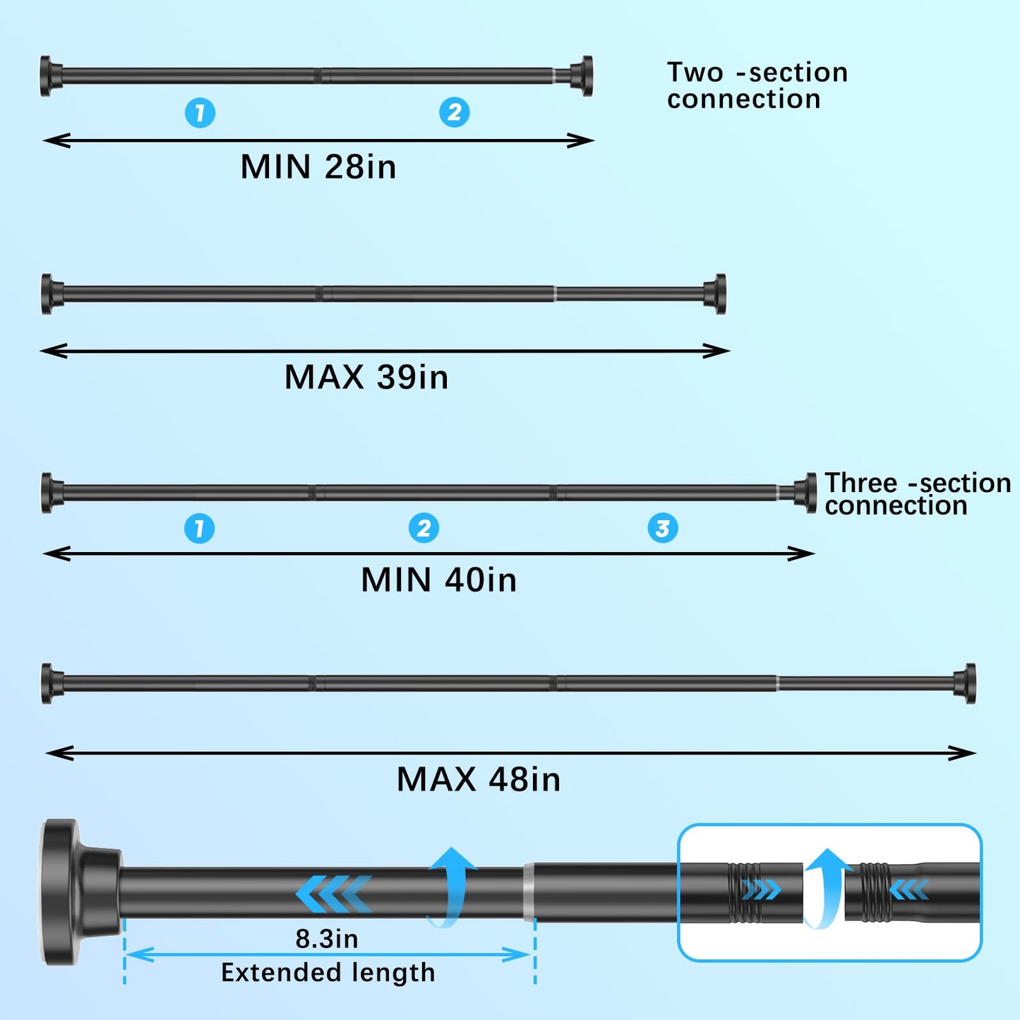 AIZESI Small Shower Pole,Tension Rods 70 To 130 Cm, 1” Diameter Spring Tension Curtain Rod, Tension Rods For Curtains, Extendable Tension Pole