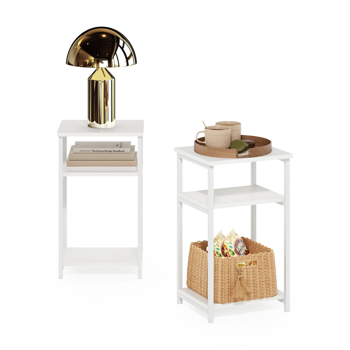 Furinno JUST Side Table Set of 2, 3-Tier Metal Frame End Table with Open Shelf, Night Stand, Bedside Table, for Living Room, Bedroom, White