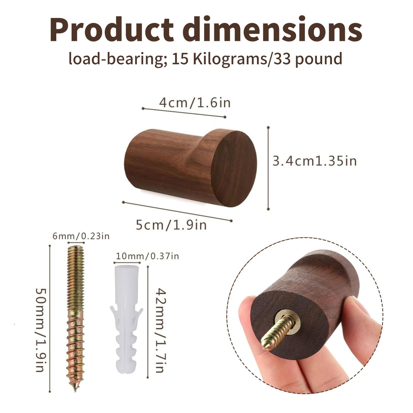 Rayakt 4PCS Wooden Coat Hooks Wall Mounted, Natural Walnut Wood Wall Hooks, Door Hooks for Hanging for Towels, Coats & Jackets