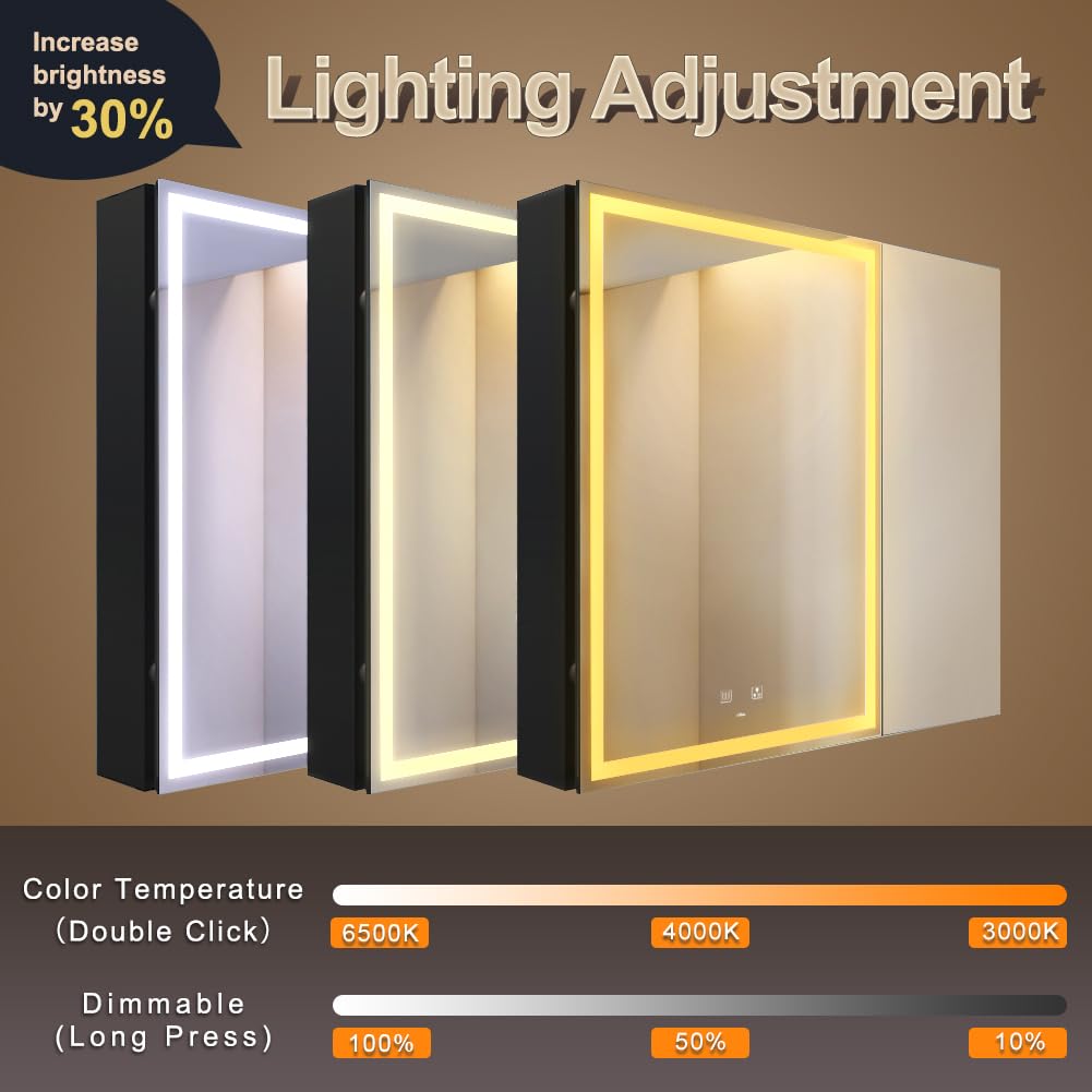 KWW 75 x 70 cm Two Doors Aluminum LED Bathroom Medicine Cabinet with Mirror