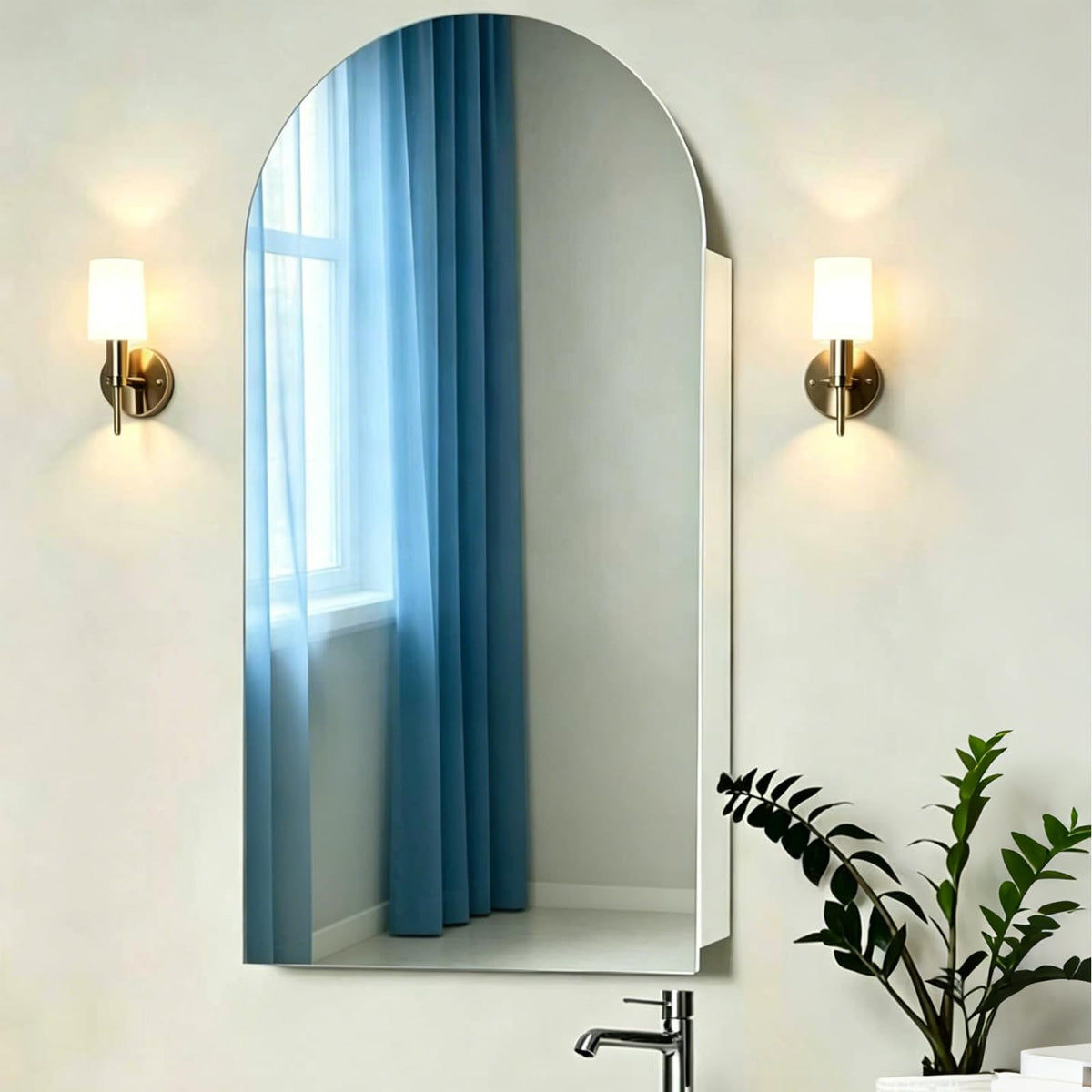 Ymahizax Bathroom Mirror Cabinet, Mirrored Bathroom Storage, Wooden Single Door Wall Mounted Cabinet with HD Arched Mirror, 80x40x15cm