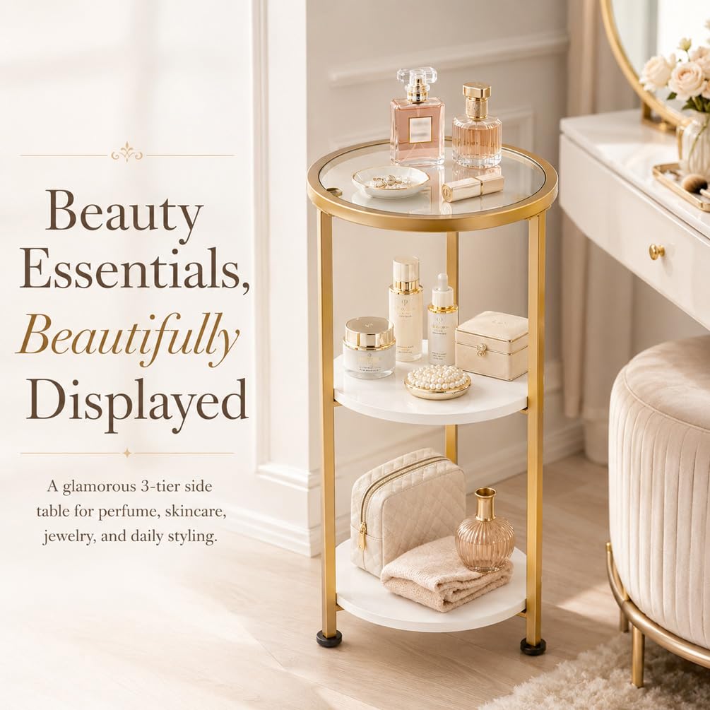 ZEXVIDA 3-Tier Tempered Glass Side Table, White & Gold