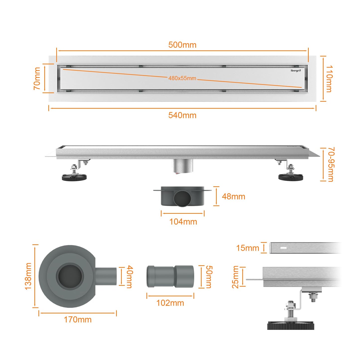 Ibergrif M42001-50 Linear Shower Drain 500mm, 2 in1 Double-sided Tile Insert Stainless Steel Invisible Bathroom Floor Drain Set with Odor Stop and