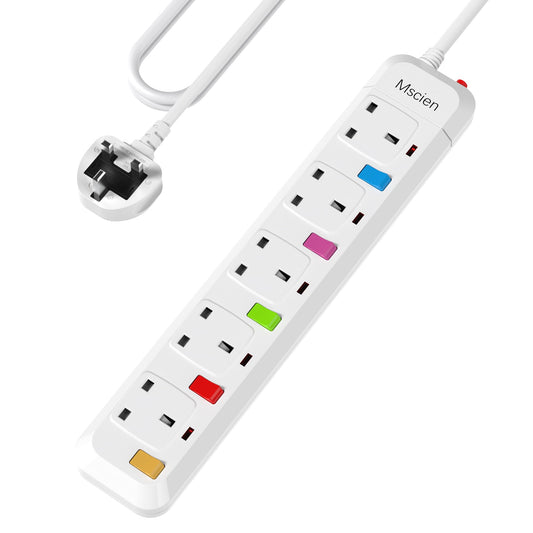 Mscien 1M Extension Lead 5 Way Independent Switch, Surge Protected Extension Lead, UK Power Strip Wall Mountable with 1 Metre Extension Cord, 5 Gang