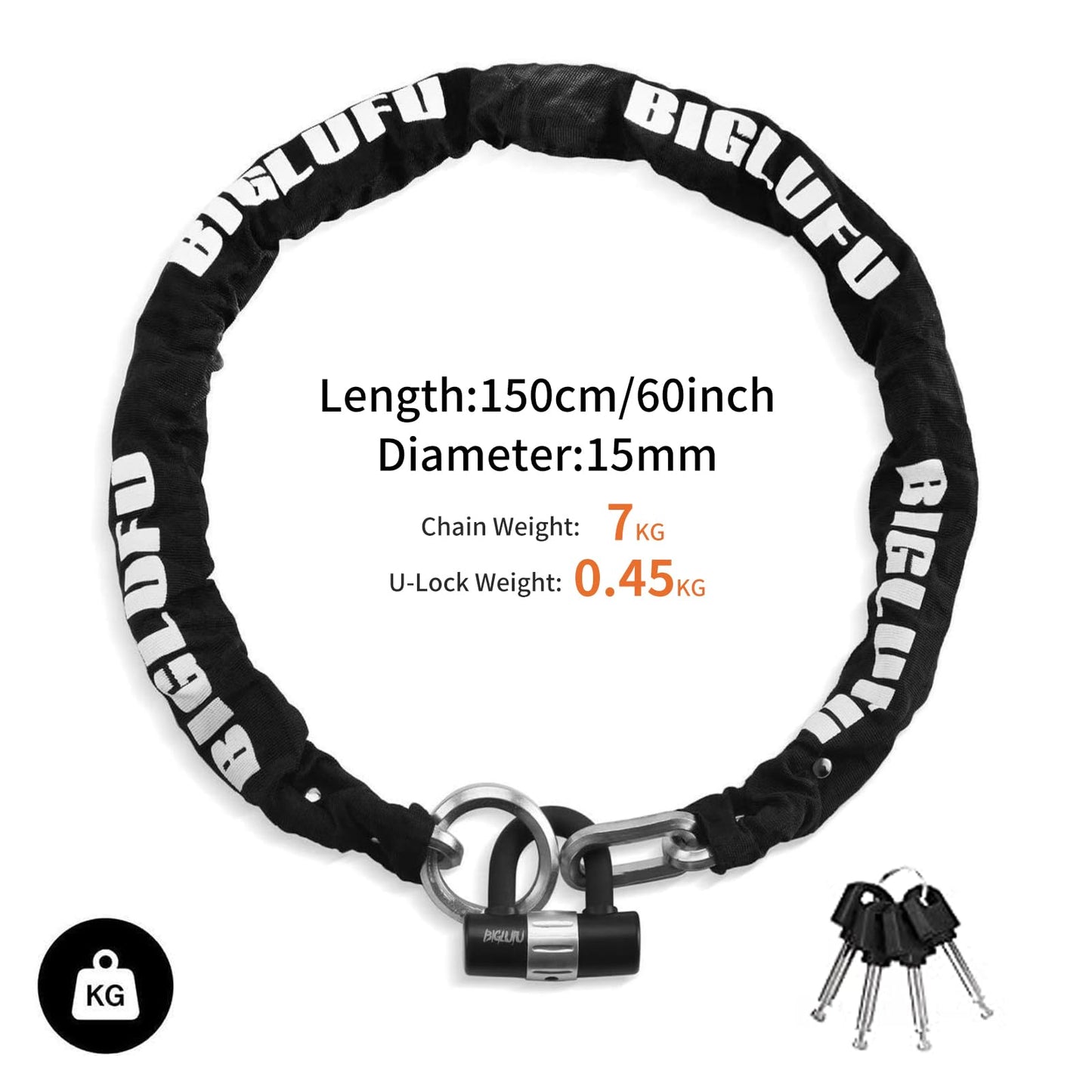 BIGLUFU Bike Chain Lock, 120/150cm Long Heavy Duty Motorcycle Lock, 10/12/15mm Thick Cycling Chain Lock High Security Chain Locks for Bicycle,