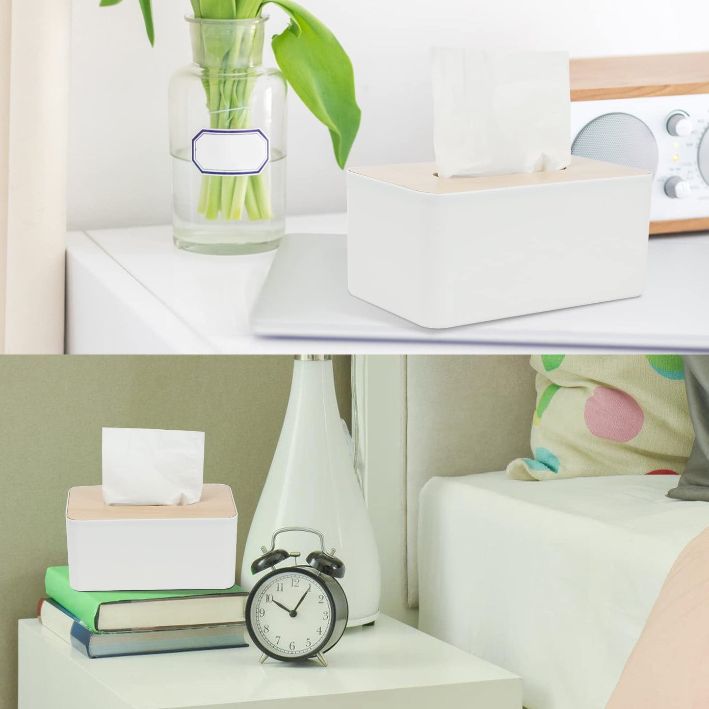 Tissue Box with Bamboo Top, Rectangular, Plastic, Tissue Dispenser Box for Living Room, Office, Car, Bathroom (White)