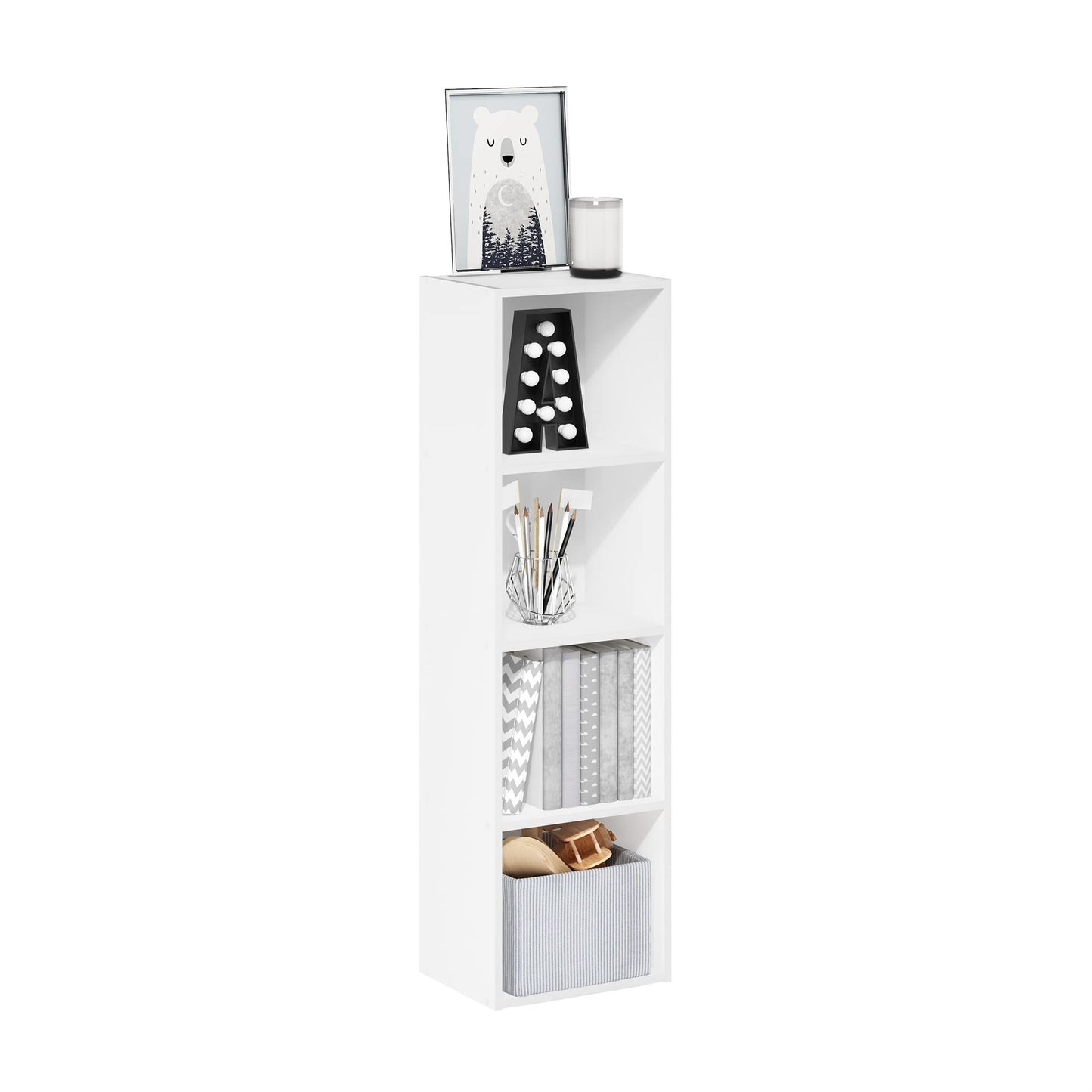 Furinno PASIR Book Shelf, 4-Tier Bookcase, Bookshelf, Open Storage Shelf, 22.9cm x 30.5cm x 106.7cm, for Home Office, Living Room, Plain White