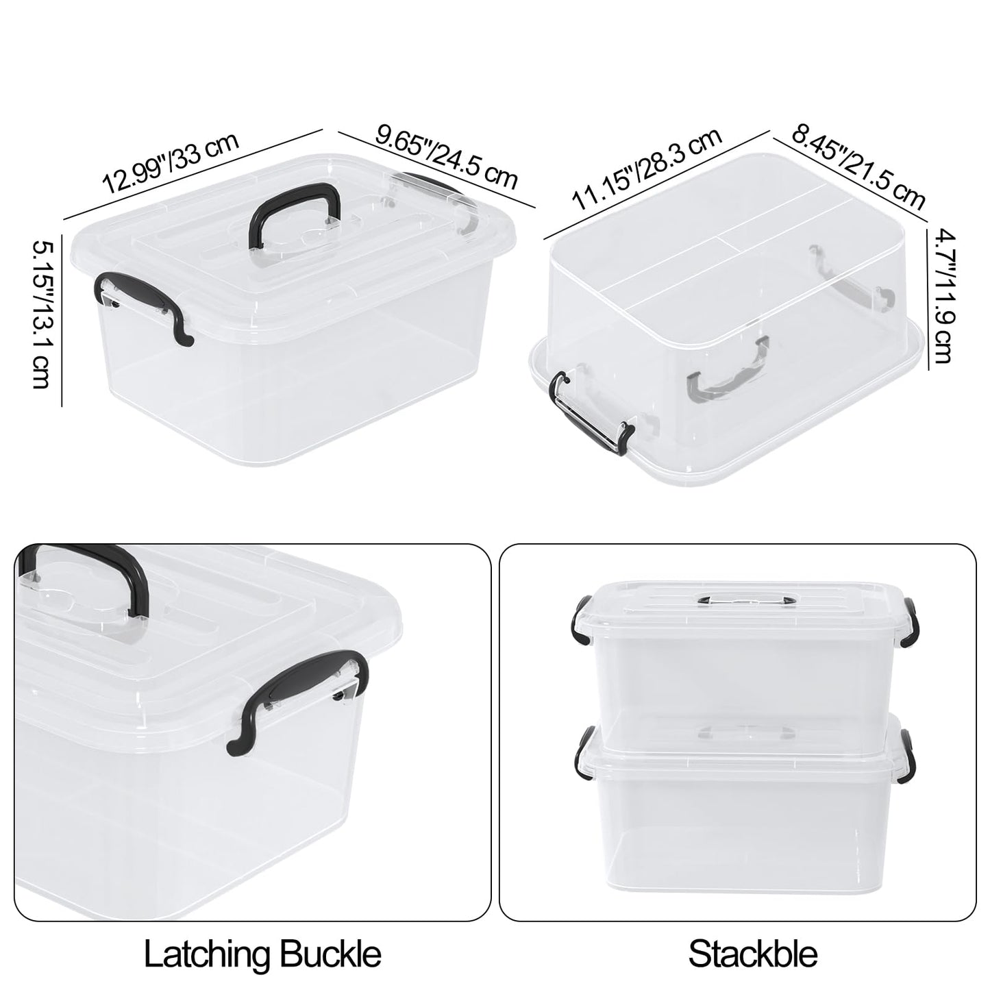 Waikhomes 6 x 8 Litre Clear Plastic Storage Box with Lids, Home Office Kitchen Stackable Nestable Transparent Plastic Boxes