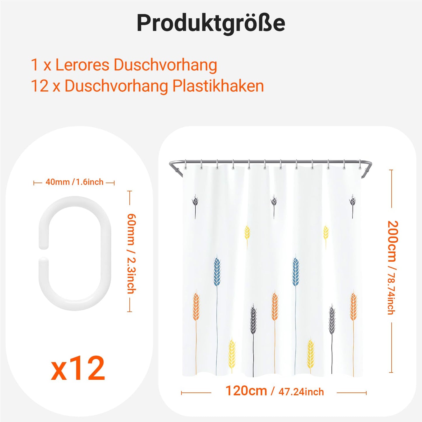 Lerores Shower Curtain, 120 x 200 cm, Colourful Wheat Ears, Weighted Hem, Anti-Mould Textile, Water-Repellent