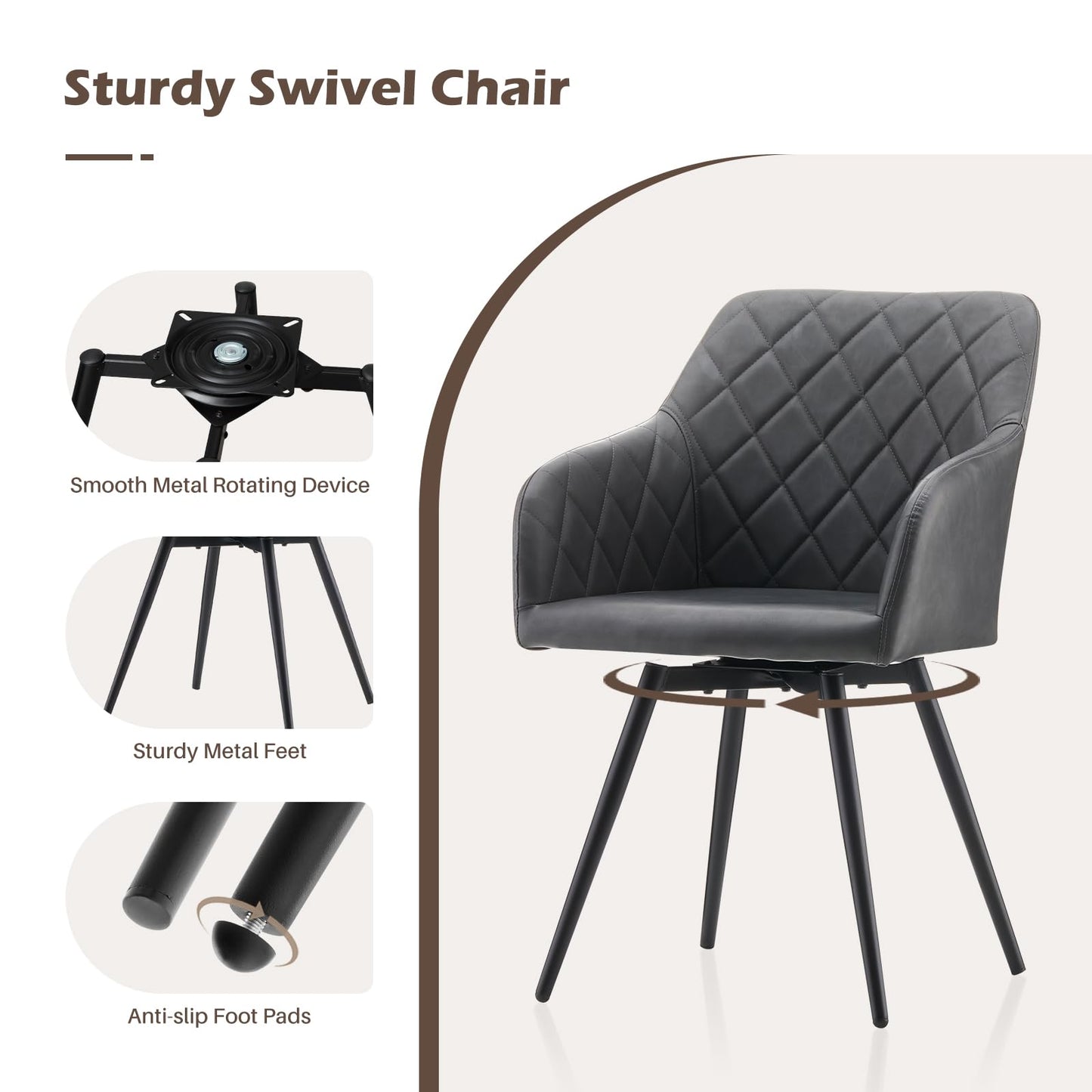TUKAILAi Dining Chairs Set of 2, 360° Swivel Upholstered Kitchen Armchairs with Backrest and Metal Legs