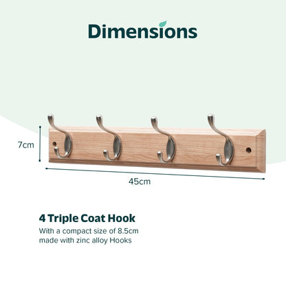 Flatro Coat Hooks Wall-Mounted Fixings Included MDF with a Bamboo Finish Coat Rack with 4 Zinc Alloy Hooks to Hang Hats, Jackets, Bags, Keys