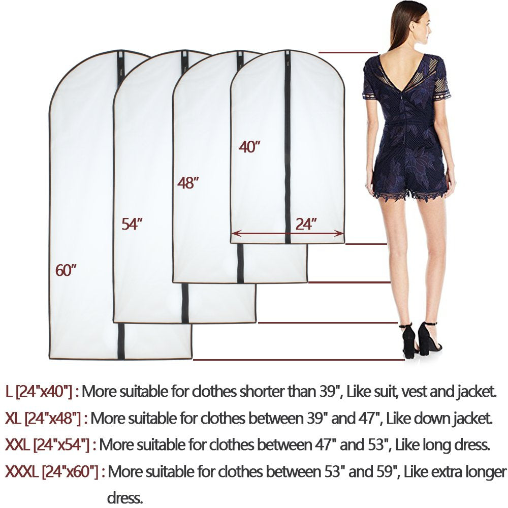 HomeClean Moth Proof Garment Bags 60 x 153cm24'' x 60'' Black Side Breathable Clear Full Zipper Bags for The Much Longer Wedding Evening Dress