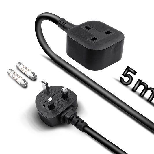 Single Plug Extension Lead 5m, 1 Gang Socket Surge Protected with 2 Replacement Fuses, 13amp 3kw 230V for Tumble Dryer, Black