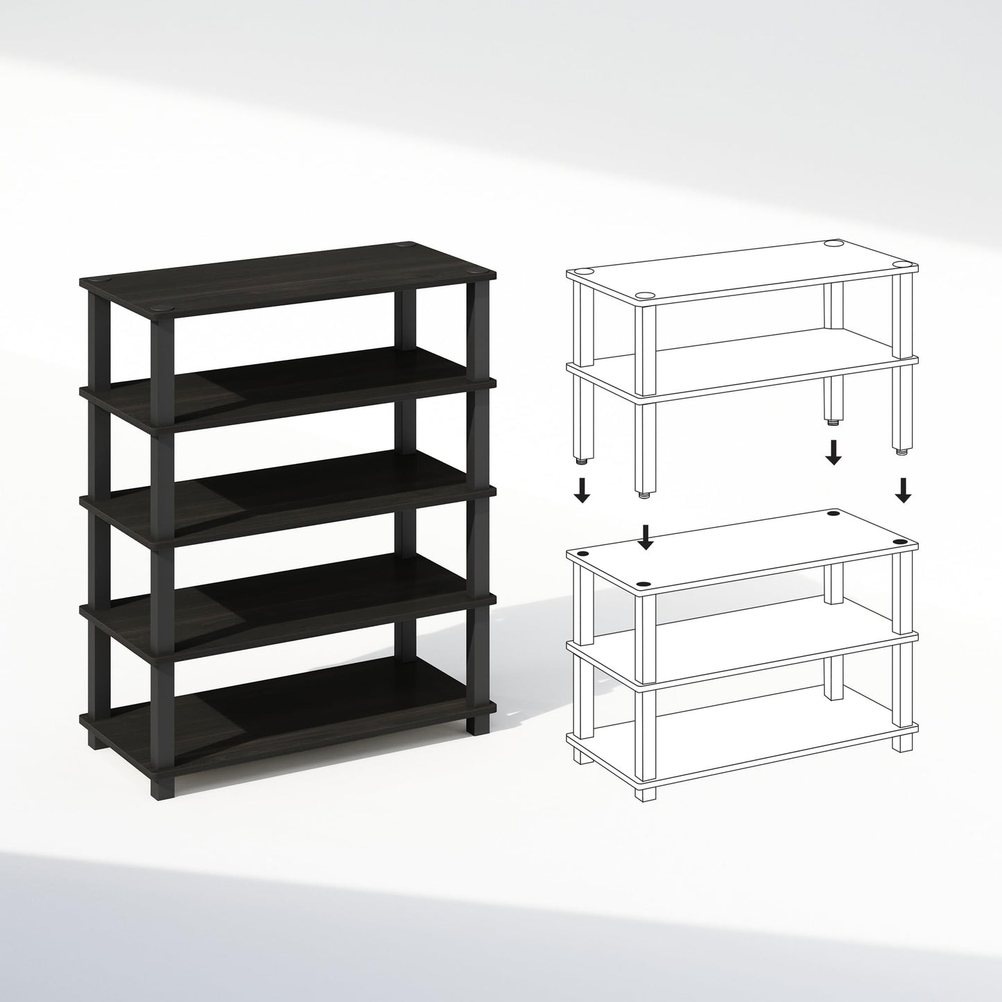 Furinno TURN-S-TUBE Storage Shelves Set of 2, 3-Tier Stackable Standing Shelf, Open Corner Shelf, for Organization and Storage, Living Room, Garage