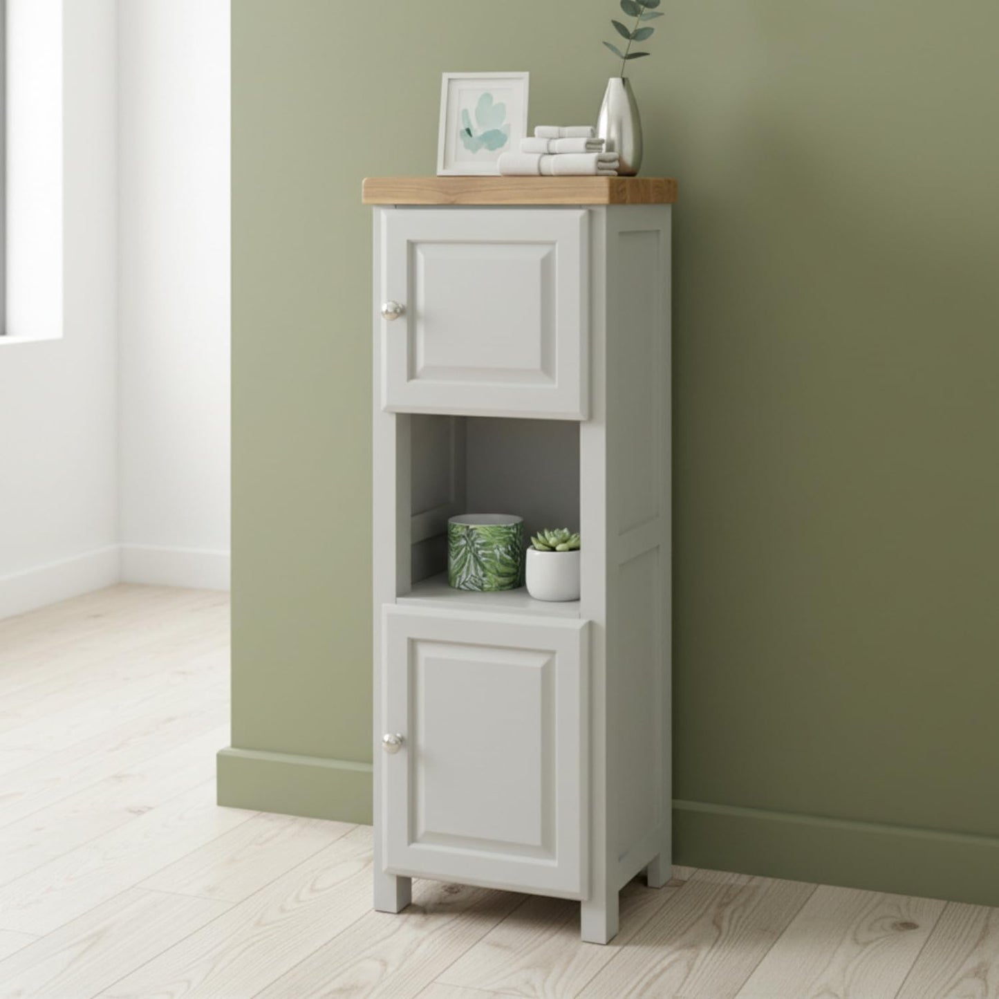 GROFurniture Tall Painted Slim Cabinet Grey, Hallway Storage or Livingroom Unit, Corner Display Unit with Shelf