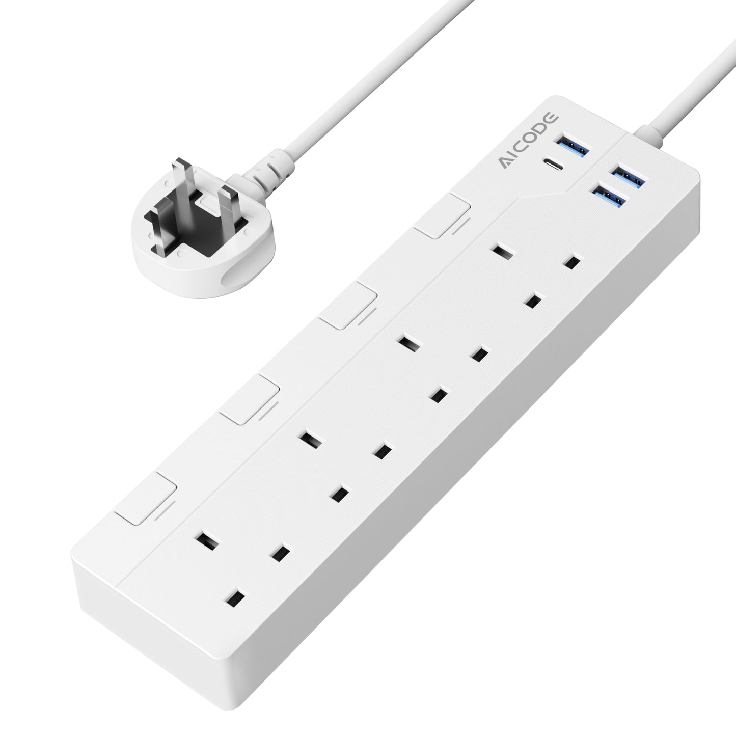 AICODE 4 Gang Extension Lead 3M,4 Way Surge Protected Extension Lead with USB Slots,Individual Switches,1 USB-C and 3 USB-A,Wall Mount Multi Plug