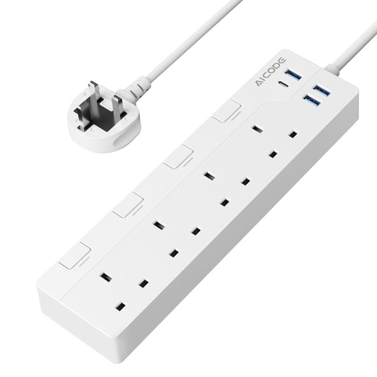AICODE 4 Gang Extension Lead 3M,4 Way Surge Protected Extension Lead with USB Slots,Individual Switches,1 USB-C and 3 USB-A,Wall Mount Multi Plug