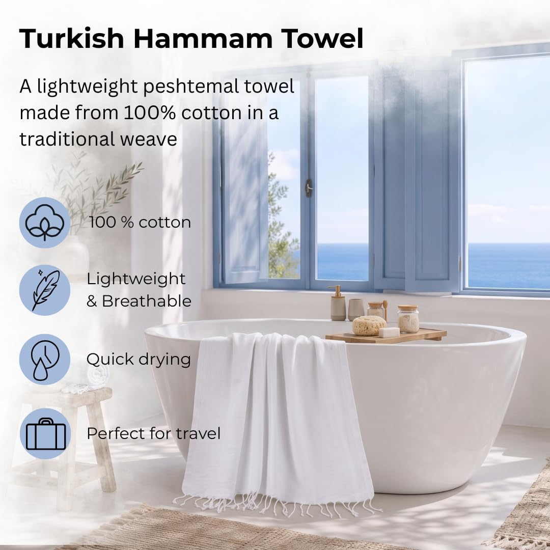 Rosula Studio Turkish Hammam Towel 100% Cotton, White Peshtemal Bath Towel, Large 90 x 200 cm Spa Sauna Towel for Bathroom